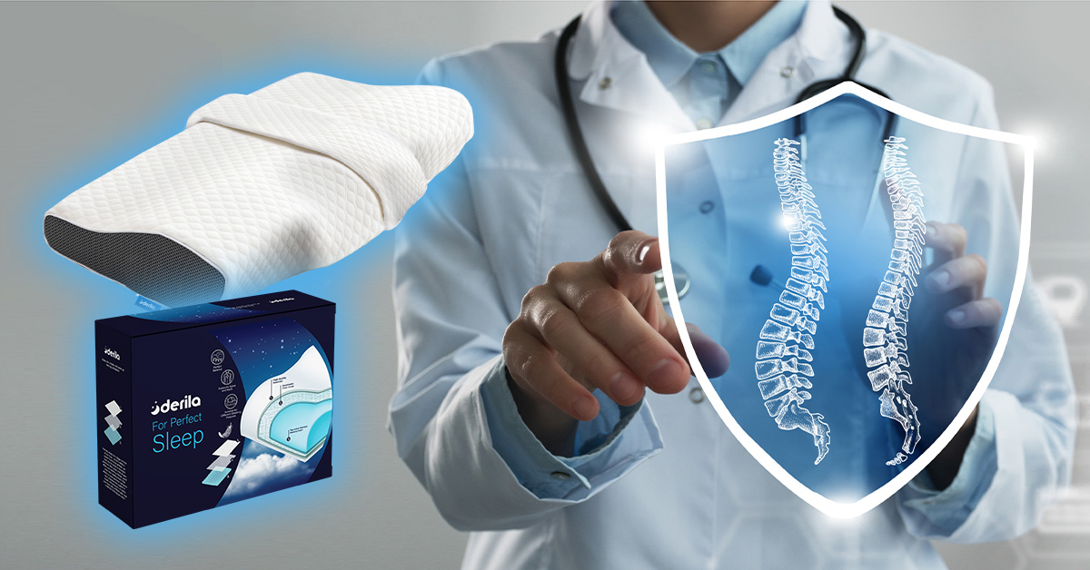 Derila pillow packaging with spinal alignment illustration showing cervical support benefits